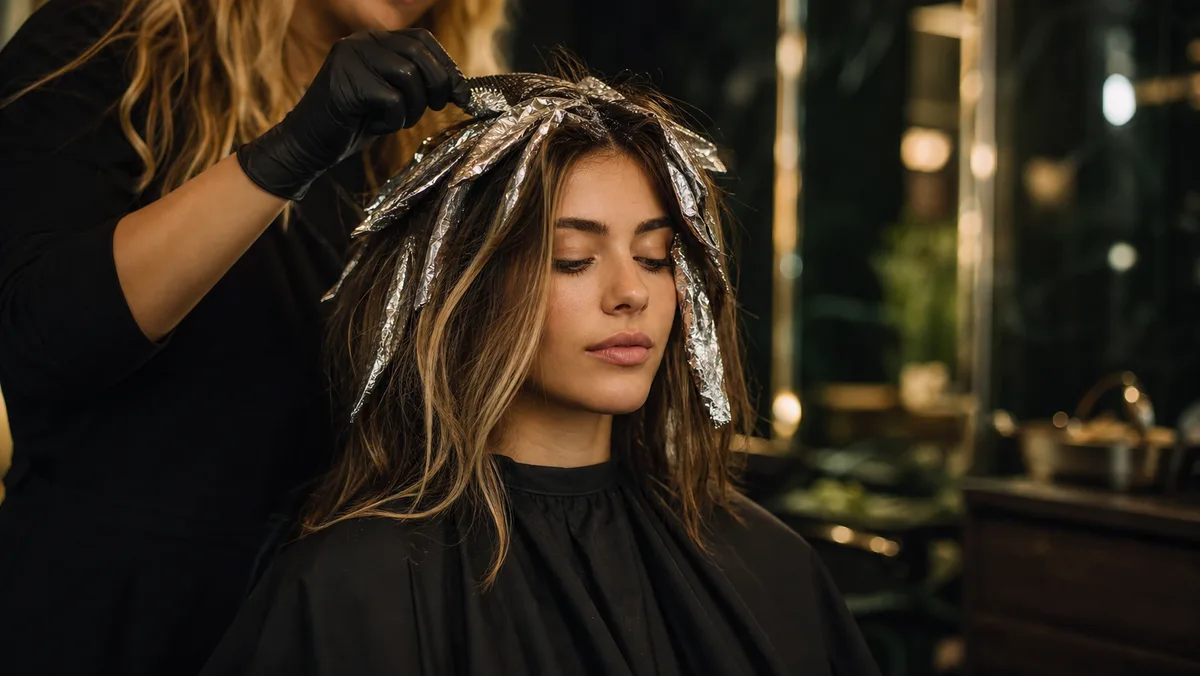 Mechas loiras separadas em papel alumínio sobre cabelo escuro em salão