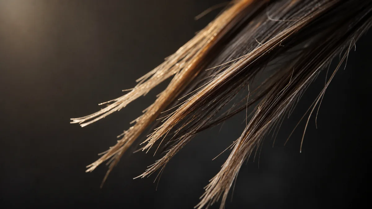 Fios de cabelo quebradiços com pontas partidas sob luz lateral dramática