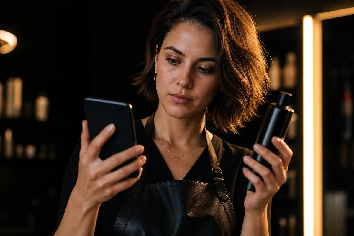 Celular sendo usado para checar informação de um frasco cosmético na bancada escura