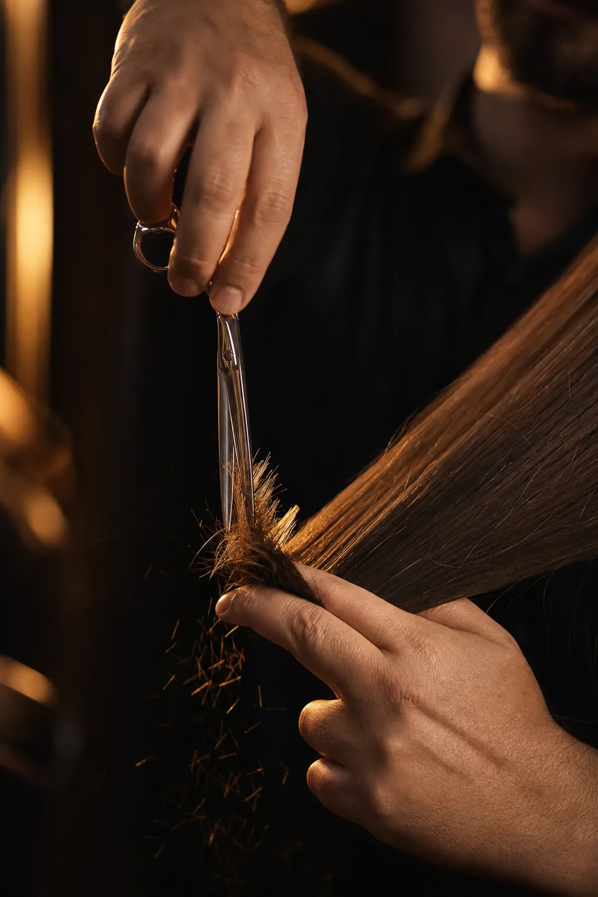 Cabelo escuro longo sendo cortado em camadas com tesoura profissional