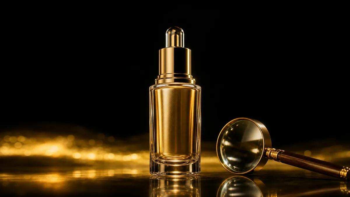 Frasco cosmético profissional ao lado de lupa sobre superfície escura
