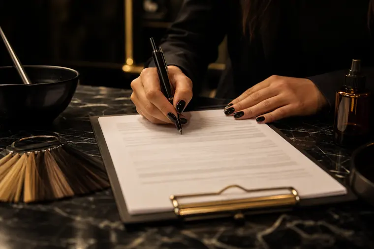 Profissional preenchendo a ficha de anamnese na bancada do salão