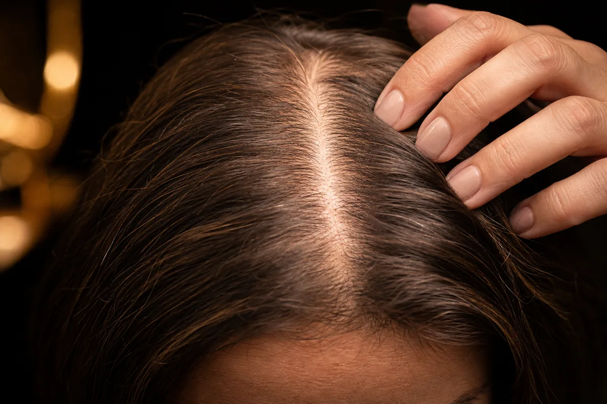 Escova de cabelo com alguns fios soltos sobre bancada escura em luz suave