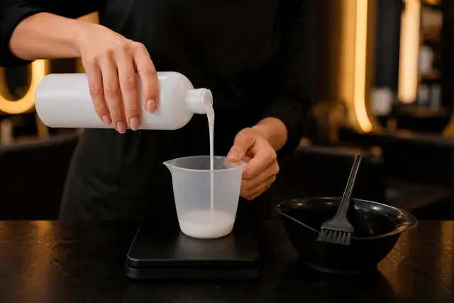 Frascos de oxigenada de volumes diferentes ao lado de um béquer graduado